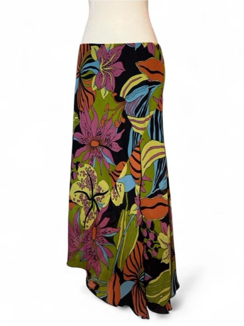 Y2K Whimsygoth Psychedelic Floral Maxi Skirt Handkerchief Hem